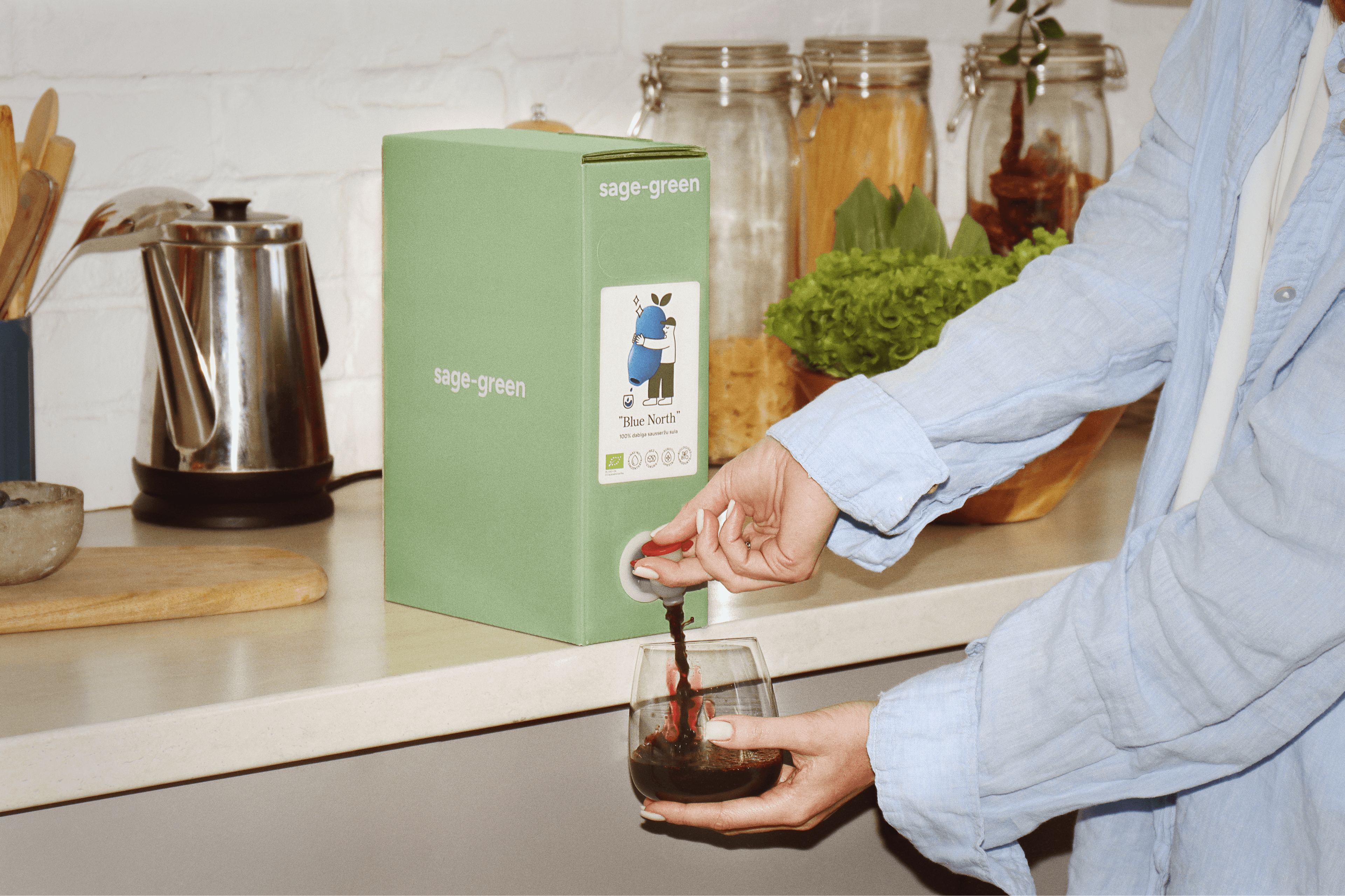 Product label design for sage-green functional juices 3L